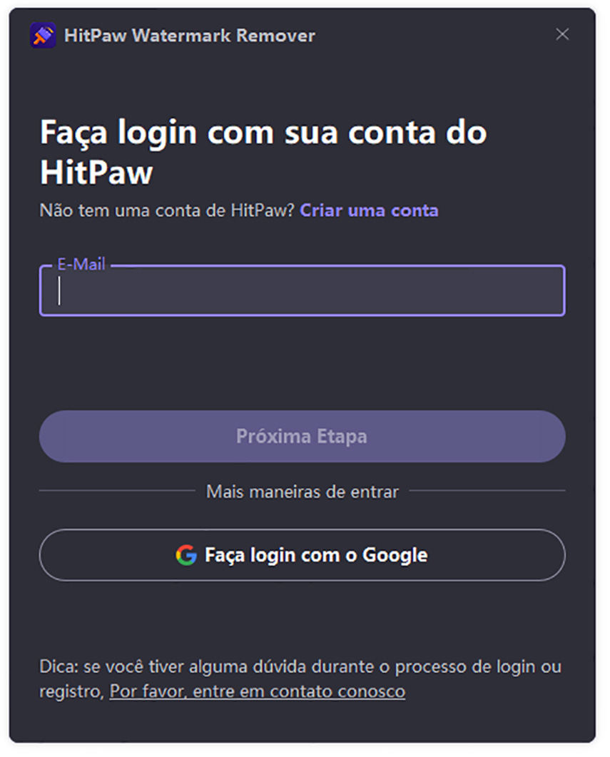 registrar e-mail e código no HitPaw Removedor de Marca D'água