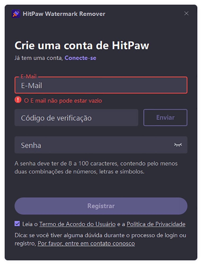 registrar e-mail e código no HitPaw Removedor de Marca D'água