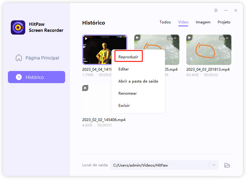 histórico de gravações de jogos