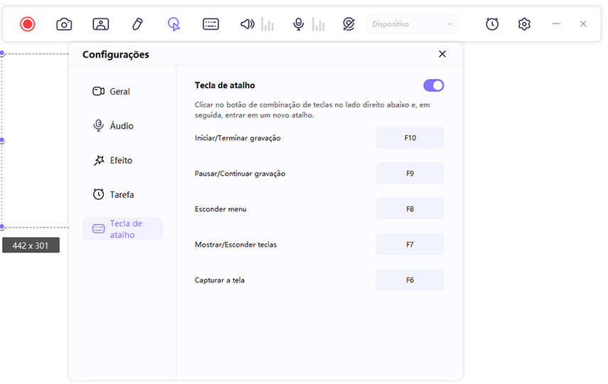 configuração da tecla de atalho