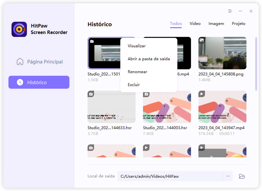 histórico de gravações da webcam