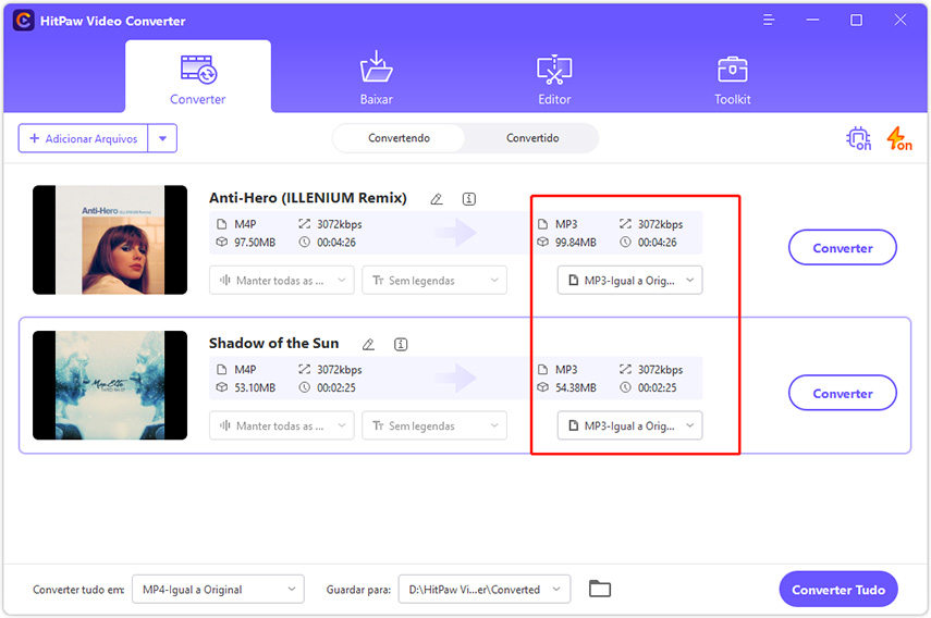 selecione o formato mp3 para converter músicas do iTunes