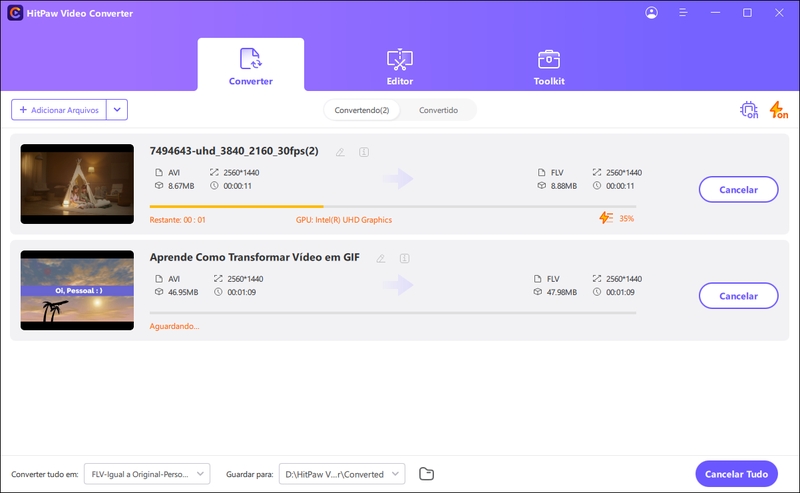 processo de conversão de avi para flv