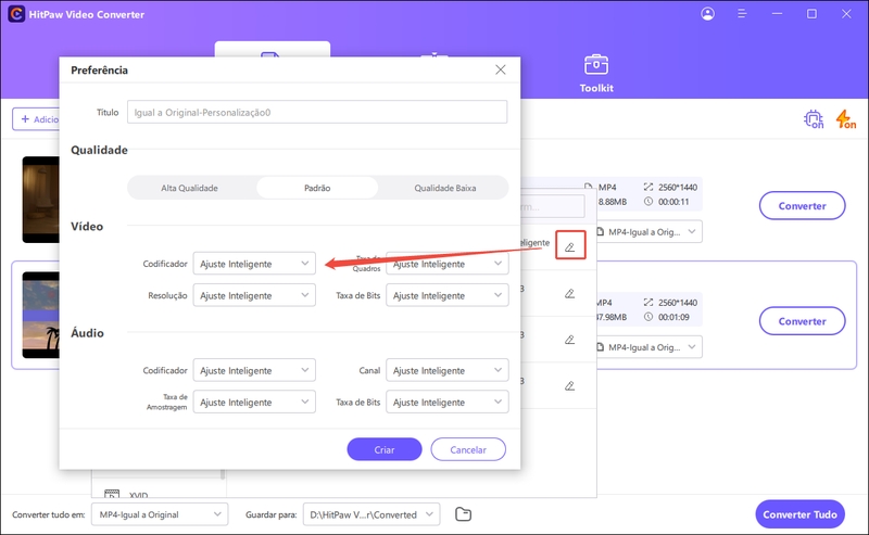 personalizar as configurações de vídeo flv