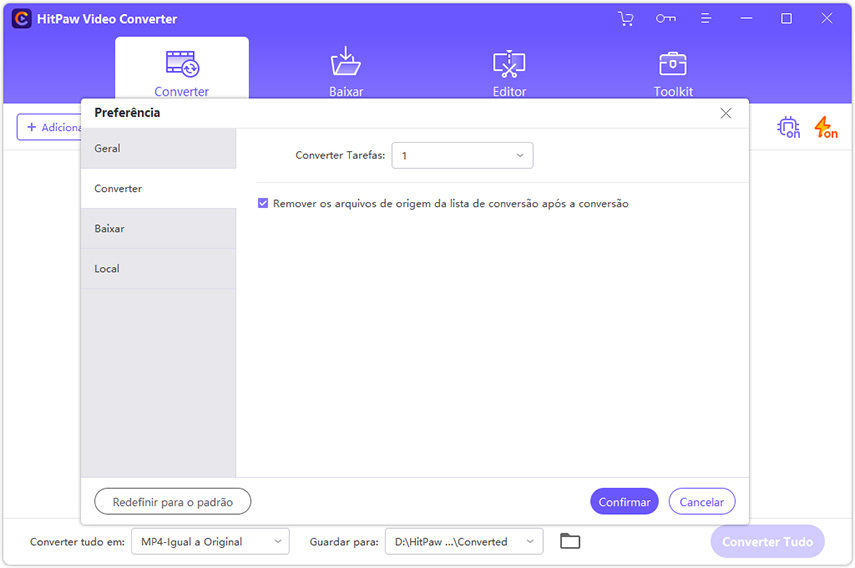preferência de conversão do HitPaw Vido Converter