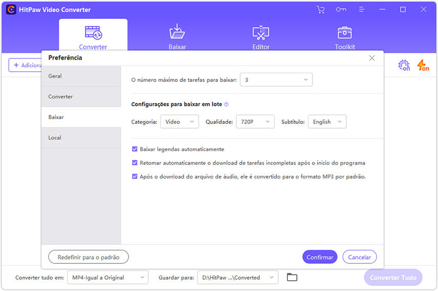 preferências de download HitPaw video converter