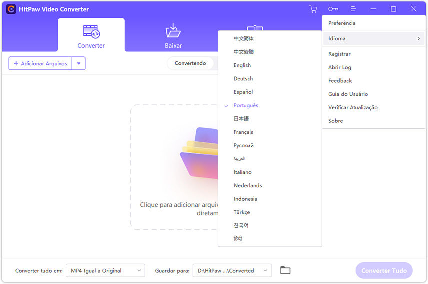 hitpaw video converter idiomas suportados