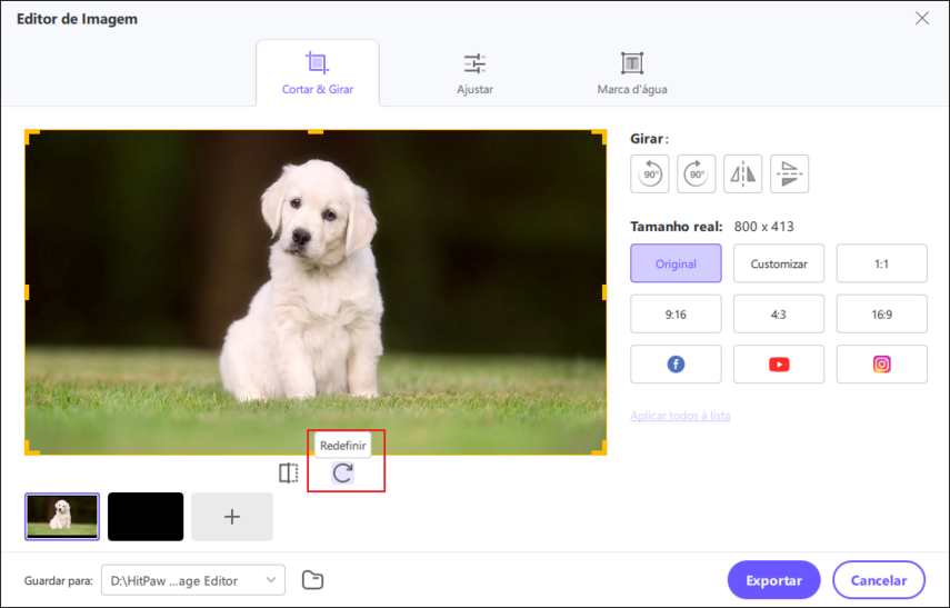 botão de reset para reverter as configurações