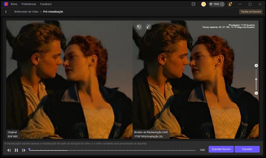 comparação antes e depois do aprimoramento de filmes de IA