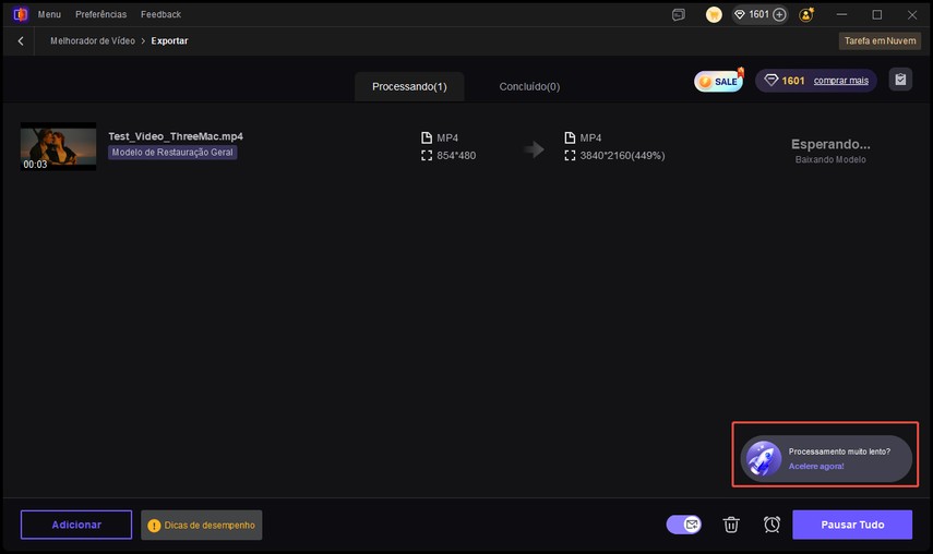 botão de aceleração na página de exportação