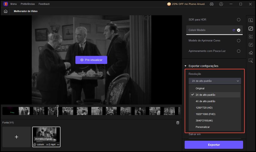 configurações de exportação de colorização