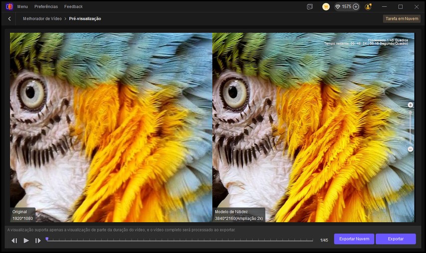 pré-visualização e exportação de vídeo com nitidez aprimorada