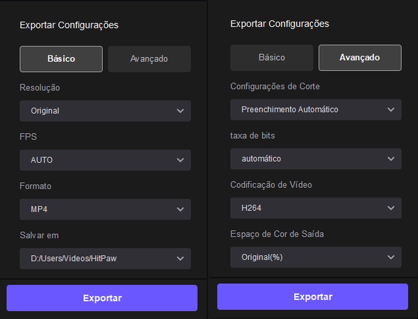 configurações de exportação de câmera lenta de vídeo