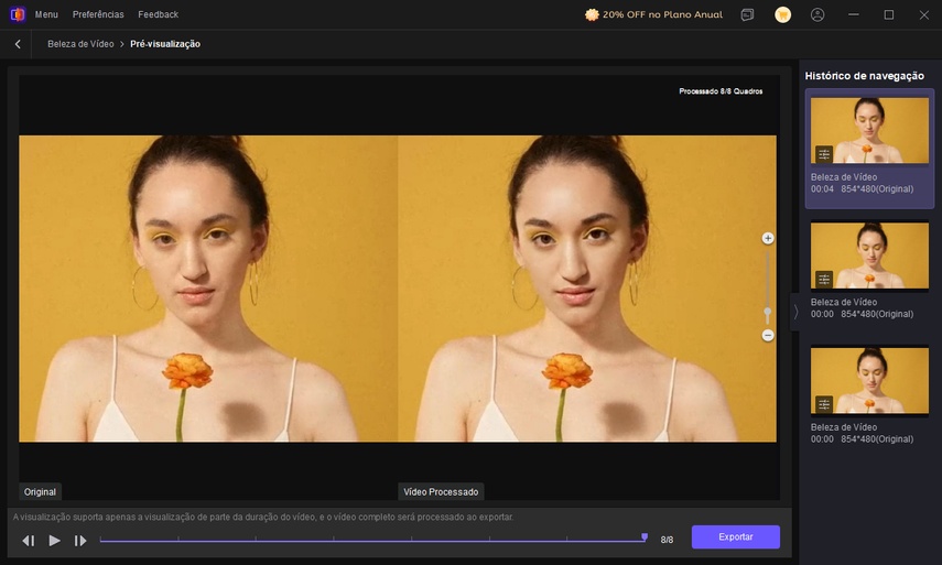 visualização dos efeitos de beleza de vídeo