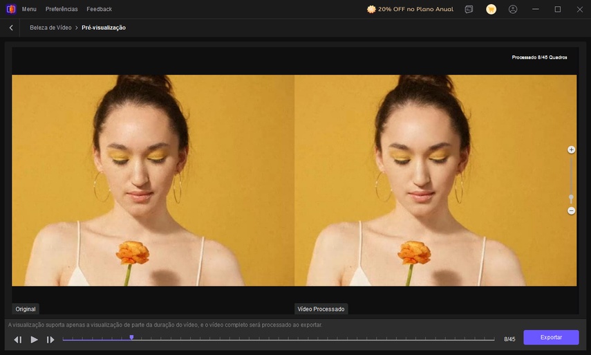 visualização do retoque de pele no Video Beauty