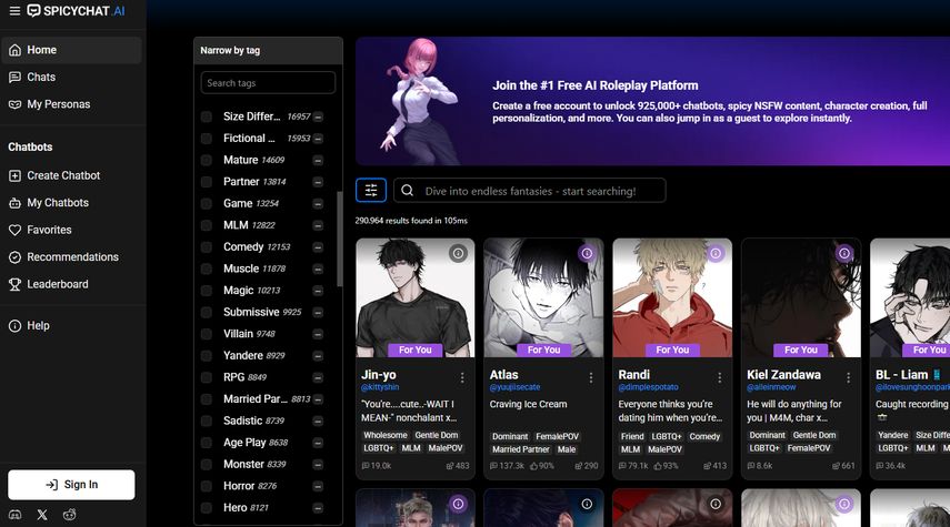 SpicyChat AI - Plataforma de chatbots com IA para conversas NSFW