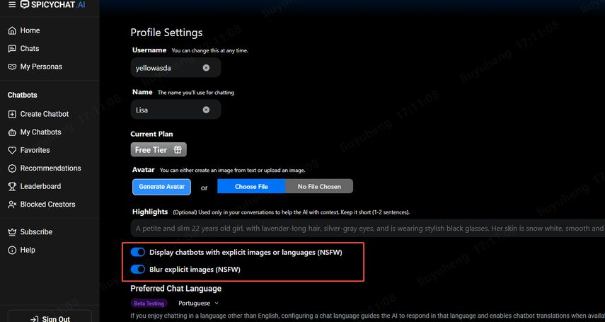 Configurações NSFW do SpicyChat AI