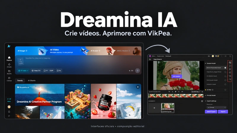 Dreamina para criar imagens e vídeos e VikPea para melhorar a qualidade.