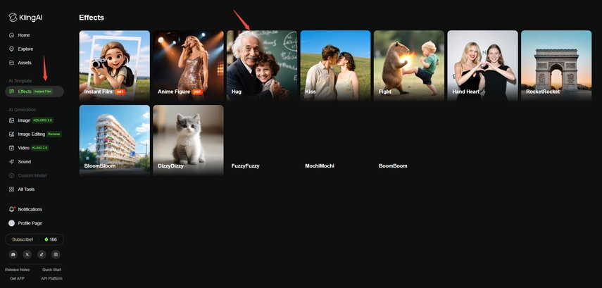 Escolher Hug Effect no Kling AI