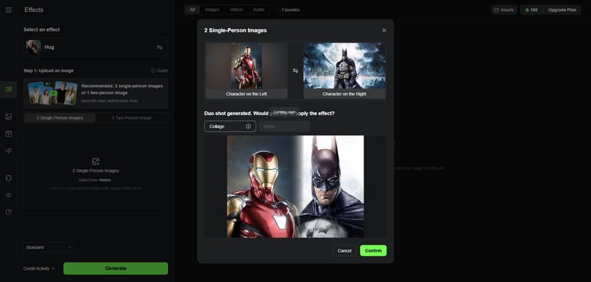 Envio de fotos individuais para vídeo de abraço com IA