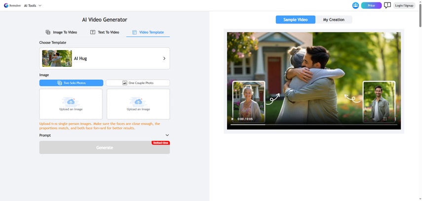 Remaker AI - Transformar Foto em Vídeo de Abraço