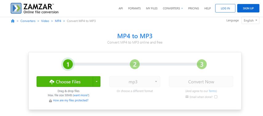 Página do Zamzar para conversão online de MP4 para MP3 grátis