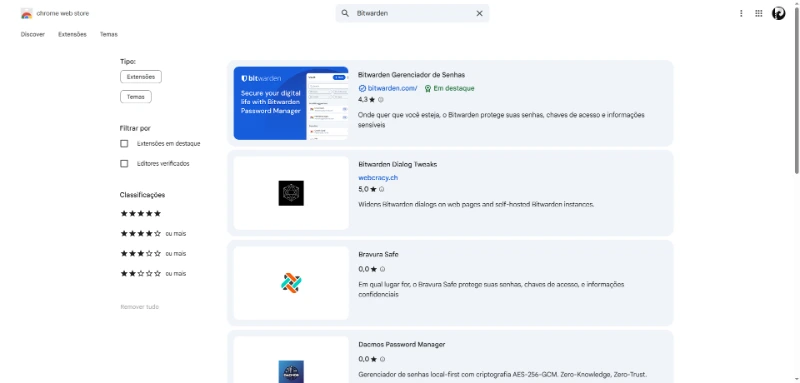 Passo 2: Pesquisar pela extensão desejada na Chrome Web Store
