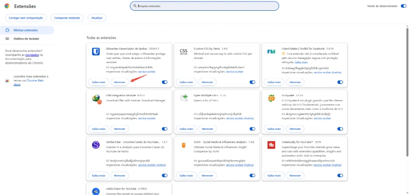 Passo 3: Clicar em Remover para desinstalar a extensão do Chrome