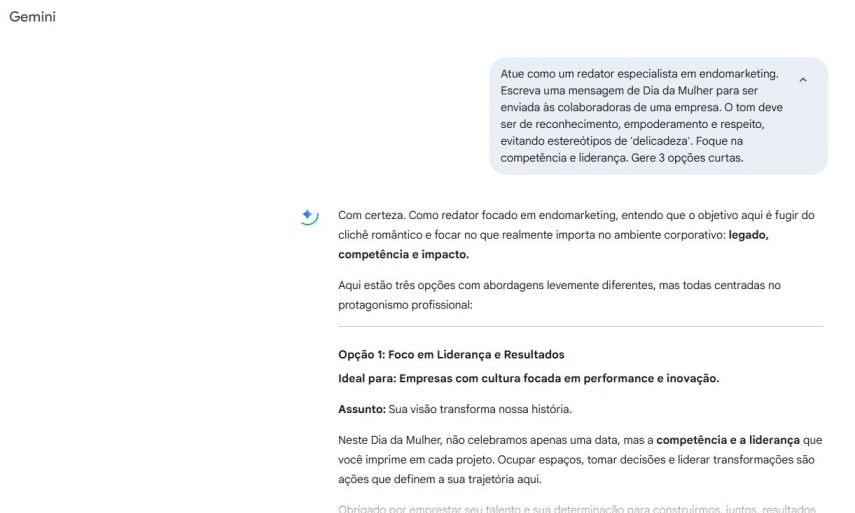 gemini prompt para mensagem do dia da mulher