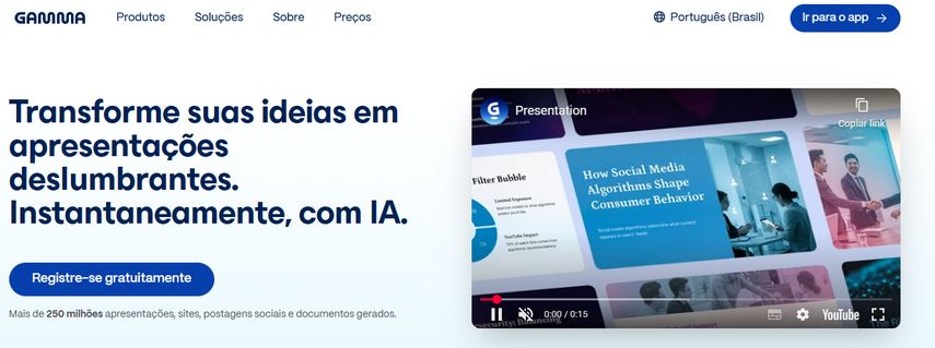 Interface do Gamma para criar apresentações com IA