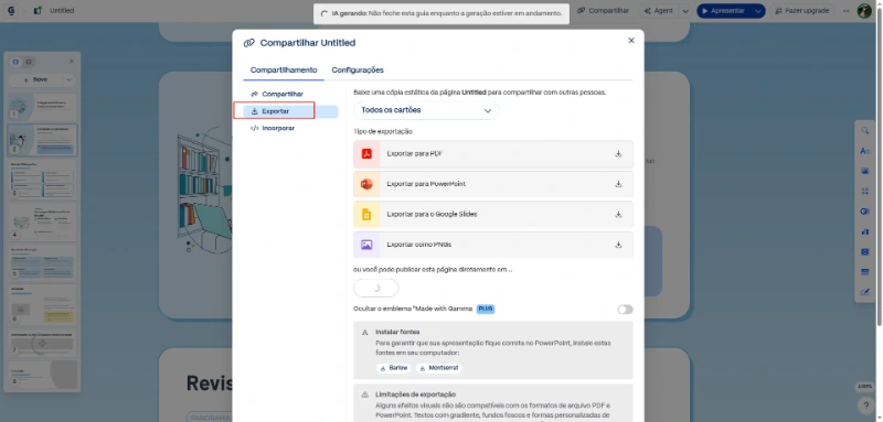Exportar apresentação no Gamma para PPT PDF ou link