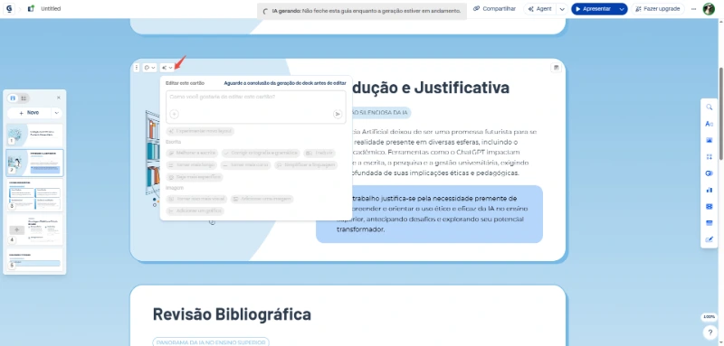 Personalizar slides com comandos de texto no Gamma