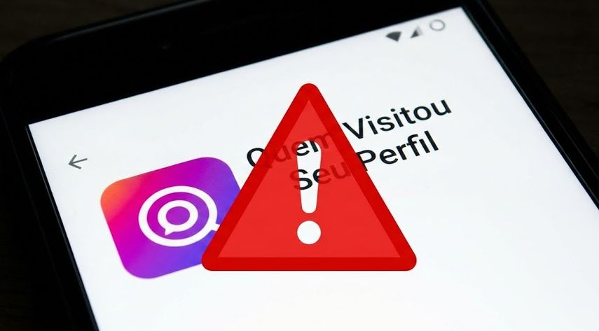 Tela de celular com um alerta vermelho sobre um aplicativo falso que promete mostrar quem visitou seu perfil no Instagram, indicando risco de segurança.