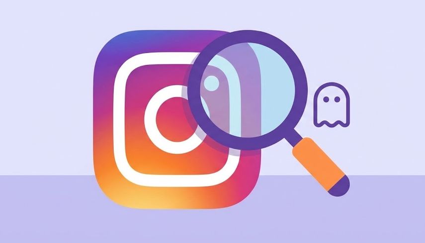 Ilustração de uma lupa e um ícone fantasma sobre um perfil do Instagram, representando ferramentas para ver Stories anonimamente sem login.