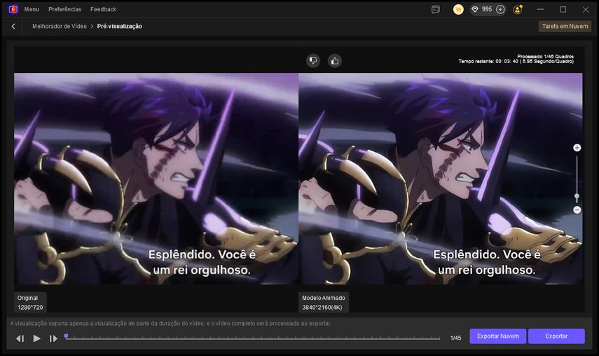 Exportação de vídeo de Record of Ragnarok em resolução 4K usando IA, com qualidade aprimorada e definição ultra HD