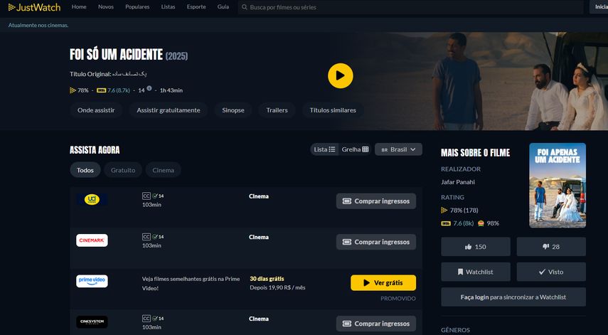 Verificando a disponibilidade de 'Foi Apenas um Acidente' em plataformas de streaming no JustWatch