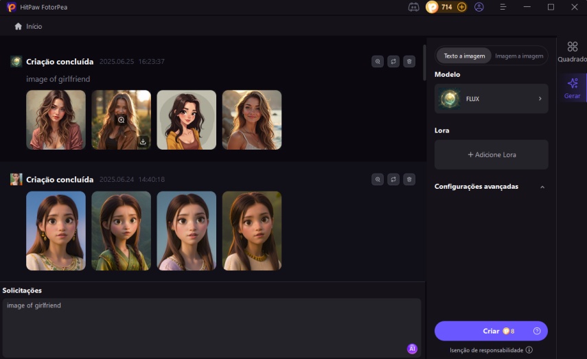 Clique em Criar para iniciar o processo