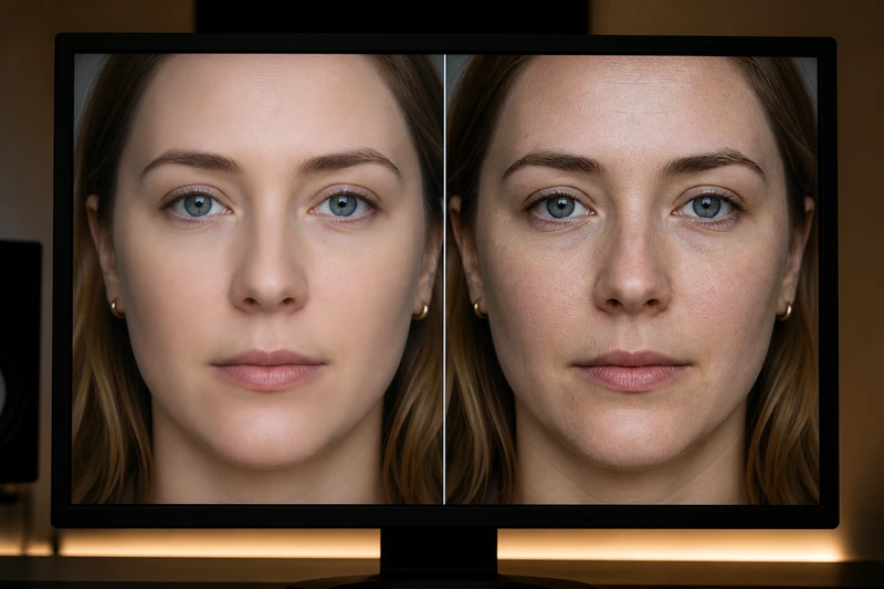 Comparação em monitor entre pele excessivamente lisa e pele com textura natural