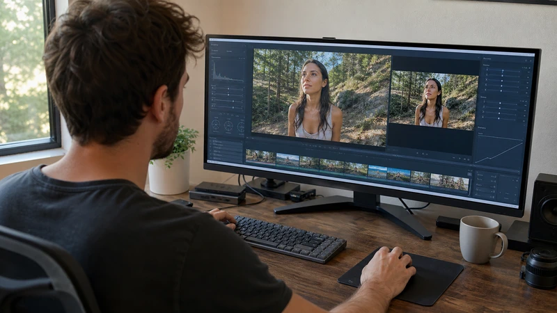 Pessoa usando um software de aprimoramento de vídeo em um monitor ultrawide