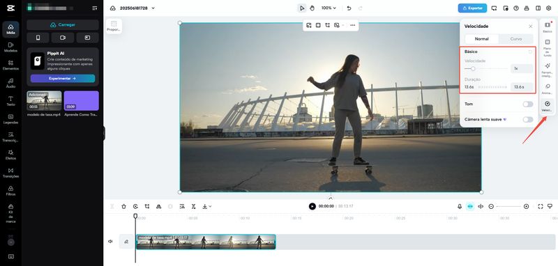 Timeline do CapCut Web com menu de contexto