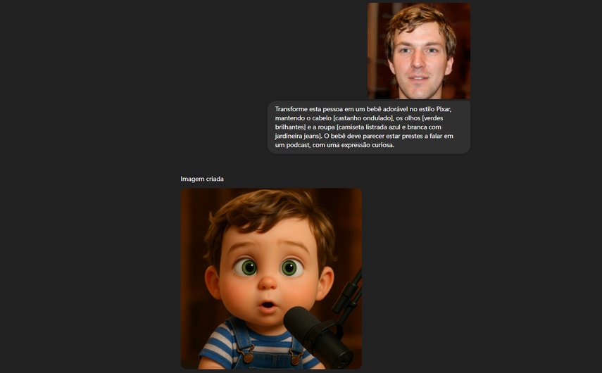 Imagem gerada por IA de bebê com traços semelhantes ao adulto após upload no ChatGPT
