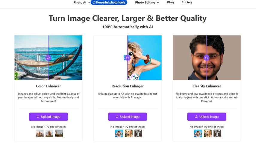 Seleção de níveis de aprimoramento no SharkFoto com opções de Cor, Avançado e AI Super Resolution