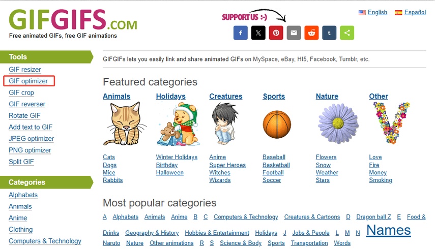 Interface do GifGifs.com mostrando o menu de ferramentas GIF optimizer