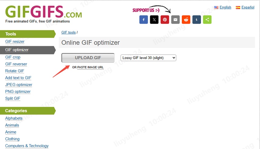 Tela de upload de GIF no GifGifs.com com botão para selecionar arquivo