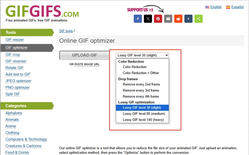 Painel de ajustes de parâmetros de qualidade no GifGifs.com com controles de nitidez e contraste