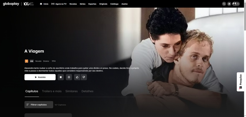 Interface do Globoplay mostrando a novela A Viagem completa na seção gratuita