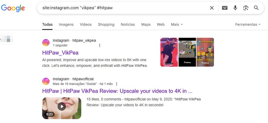 Resultado de busca do Google mostrando posts indexados do Instagram