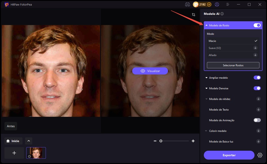 Seleção de modelos de IA no HitPaw FotorPea para melhoramento de fotos