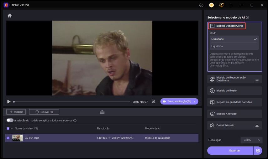 Interface do HitPaw VikPea mostrando a seleção do modelo de redução de ruído para melhorar a novela A Viagem