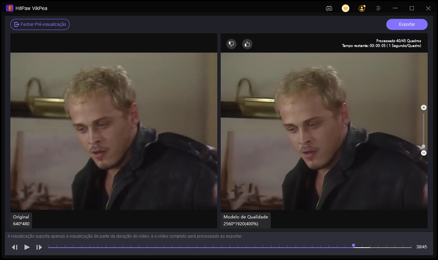 Tela de visualização do HitPaw VikPea mostrando comparação antes e depois da melhoria da qualidade da novela A Viagem
